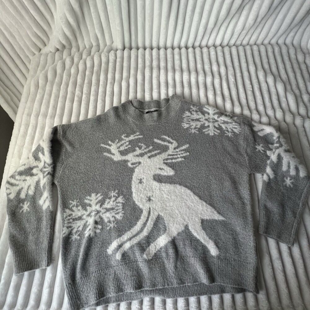 Cocobleu Heather Grey Ivory Reindeer Knit Sweater W Size L